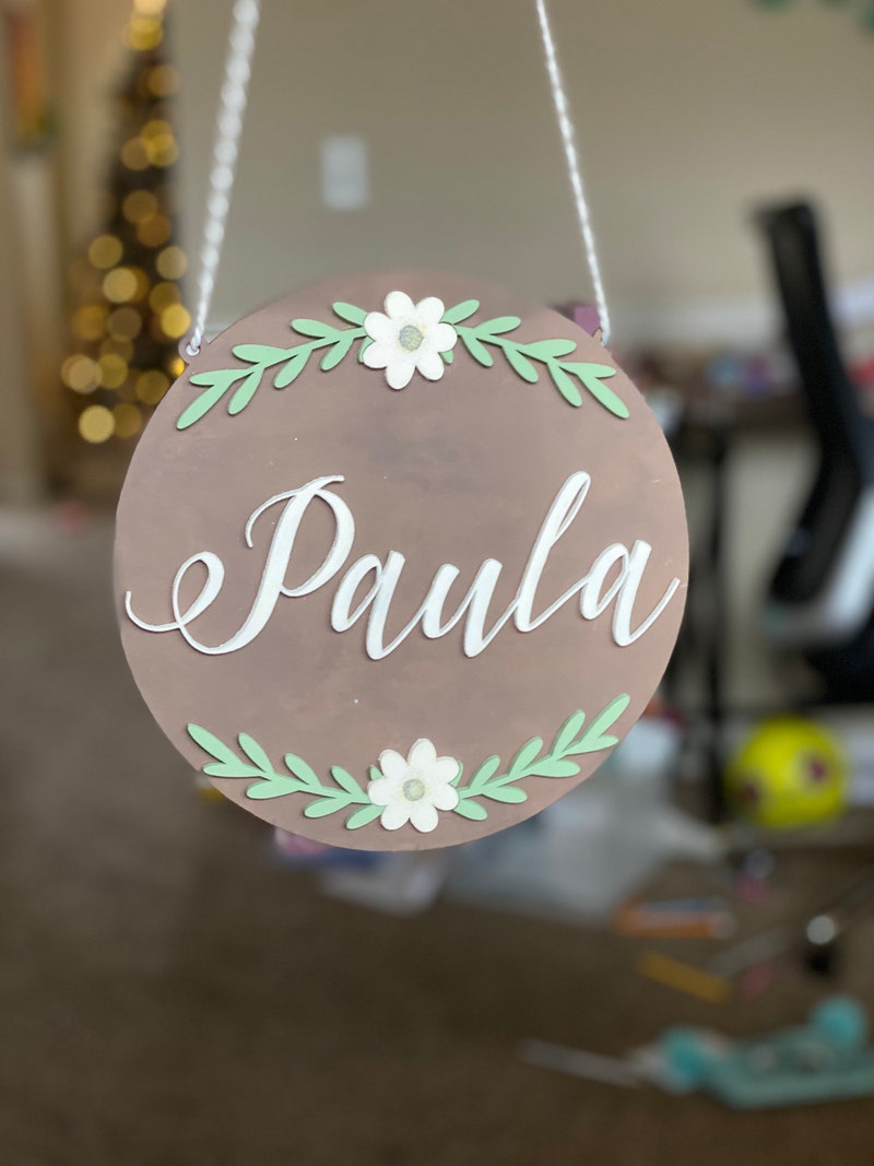 Custom Nursery Wood Name Sign, Round Floral Decor  $45.00  FREE shipping