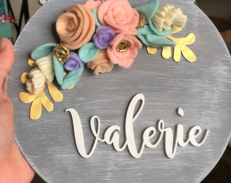 Custom Felt Flower Name Sign, Laser Cut Wood Nursery Decor  $45.00  FREE shipping
