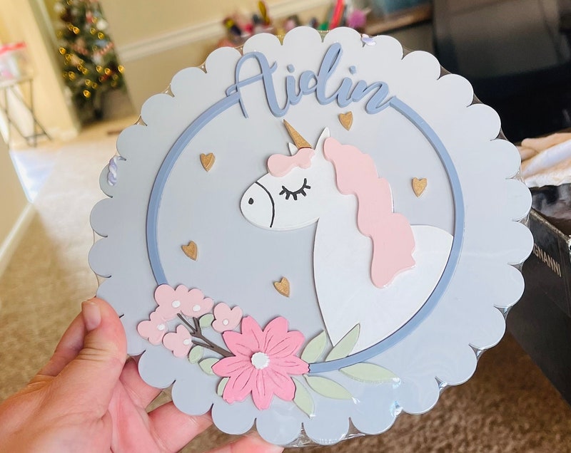 Custom Wooden Name Sign, Unicorn Nursery Decor, Laser Cut 3D Sign  $45.00  FREE shipping