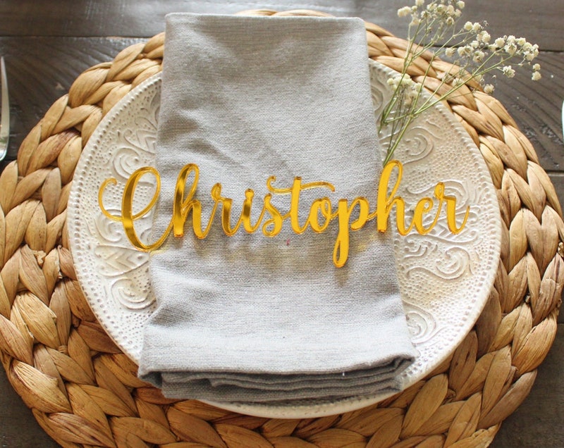 Custom Gold Mirror Acrylic Place Cards, Laser Cut Wedding Guest Names  $1.40